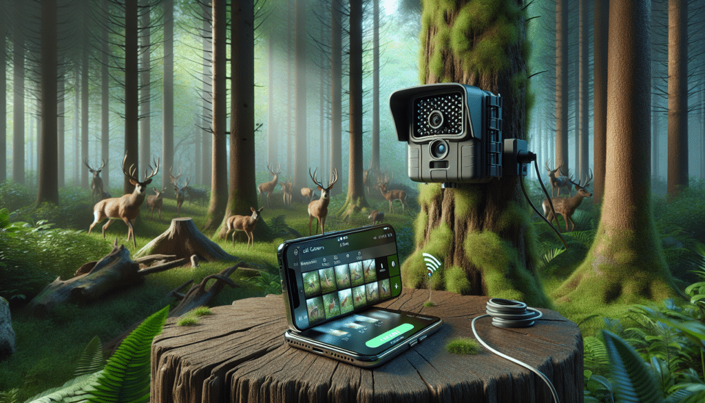 Create a hyper-realistic image showcasing the process of transferring trail camera photos to a mobile device. The scene should depict a trail camera mounted on a tree in a dense forest, capturing images of wildlife such as deer and birds. Nearby, a smartphone rested on a stump receives the images wirelessly, demonstrating the photos popping up on its screen, one after the other. Both objects perfectly blend with the serene beauty of mother nature. There are no people, text, or logos present in the scene to distract from its wilderness peace.