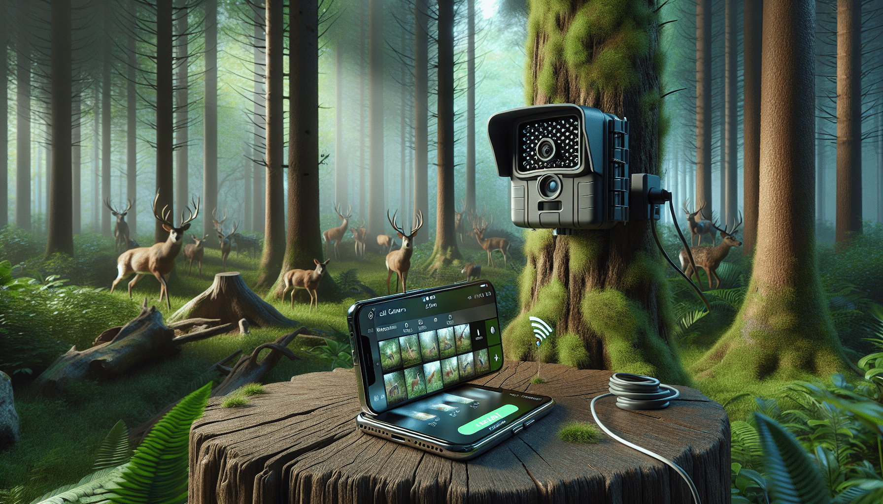 Create a hyper-realistic image showcasing the process of transferring trail camera photos to a mobile device. The scene should depict a trail camera mounted on a tree in a dense forest, capturing images of wildlife such as deer and birds. Nearby, a smartphone rested on a stump receives the images wirelessly, demonstrating the photos popping up on its screen, one after the other. Both objects perfectly blend with the serene beauty of mother nature. There are no people, text, or logos present in the scene to distract from its wilderness peace.