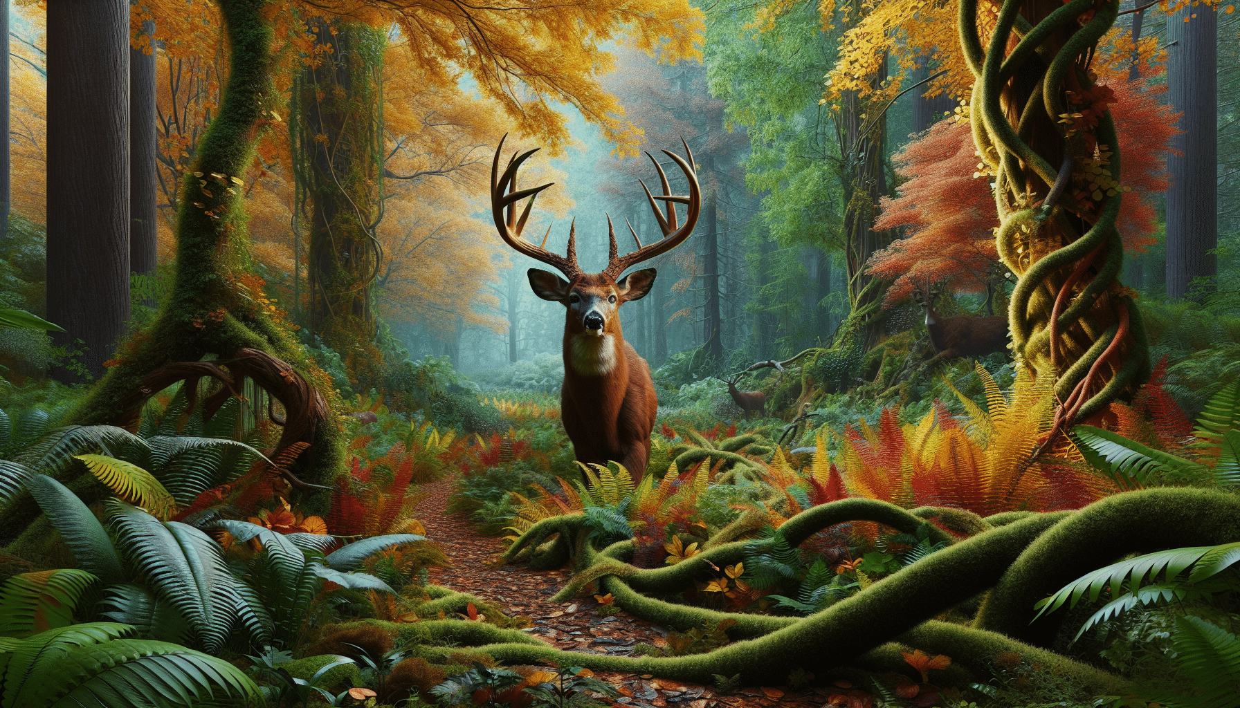 An incredibly realistic depiction of a lush, dense forest during autumn. The vibrant colors of the foliage abound, with hues of orange, yellow, and red blending together. A large, majestic buck deer, his antlers prominent and plentiful, moves silently through the undergrowth, signaling the beginning of the rutting season. He peers cautiously into the entwining pathways, alert for any potential threats or competitors. There are no humans nor any signs of human existence like a building, vehicle, or trash. The scene is completely devoid of text or logos, representing the purity of nature.