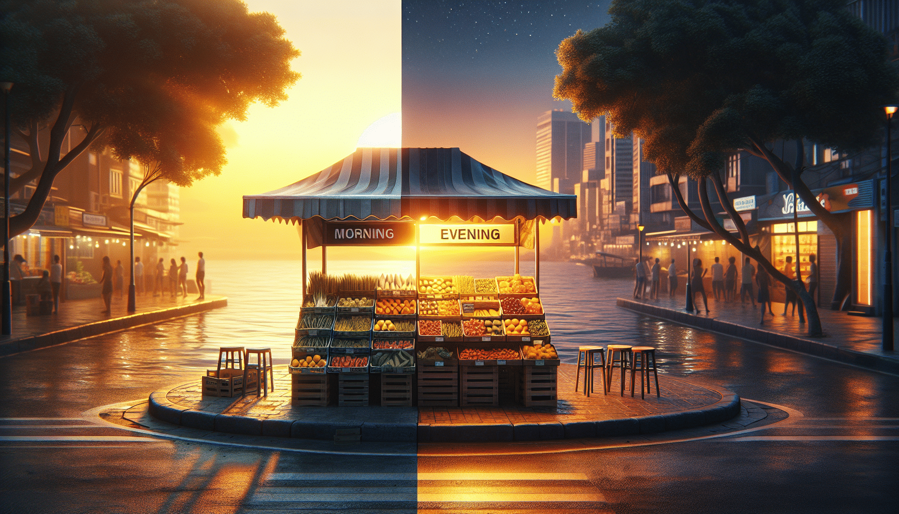 Produce a hyper-realistic image showcasing the best morning and evening stand locations. One half of the image radiates golden hues of early morning light illuminating an empty market stand located at a serene seaside, possibly selling fresh produce. The other half shows a picturesque scene of an evening stand at a bustling city center basking in the twilight glow. Both stands are free from people, brand names, logos, or any observable text.