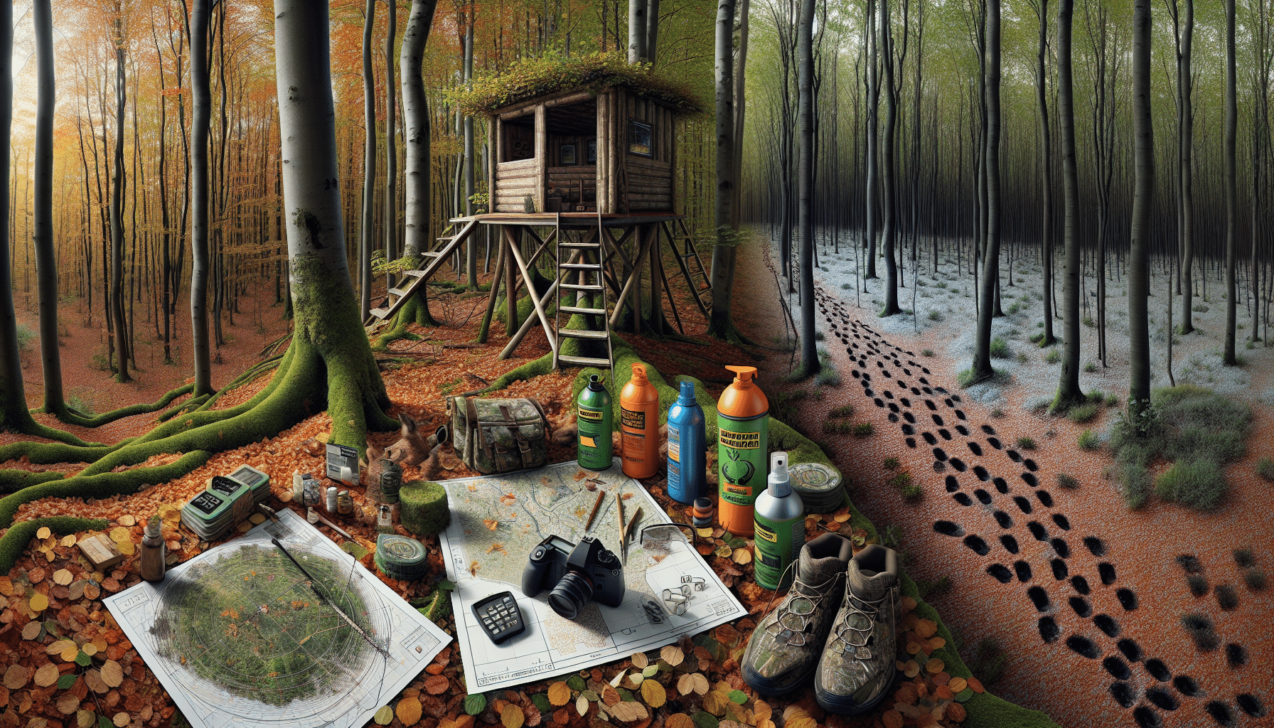 An ultra-realistic scene depicting a secluded forest hunting stand. The stand is strategically located amidst dense trees with fallen autumn leaves providing perfect camouflage. Close by, a track of animal footprints can be seen leading into the forest. To one side of the stand, a variety of scent eliminator spray bottles are laid out, along with fresh topographical maps and a well-kept camouflage pattern hunting gear. The other side shows nature recovering from a previous hunt, with regrowth visible around an older hunting trail. The ever-changing dynamic of nature and the subtle signs of strategic hunting practices are emphasized.