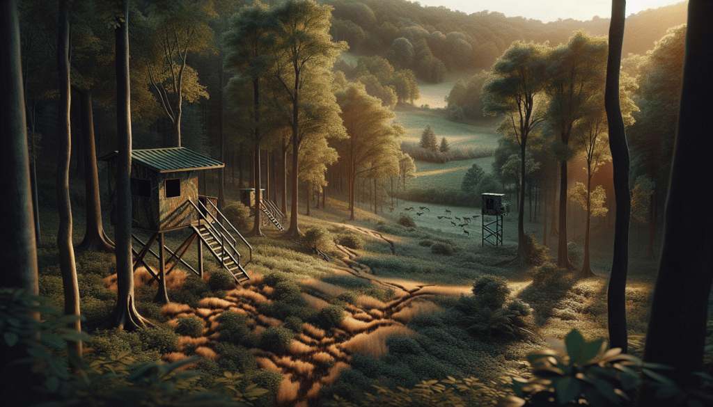 Create a hyper-realistic image of an idyllic small property during the peak of the rutting season. The landscape includes a dense forest with signs of deer activity such as tracks, rub marks on trees, and scrapes on the ground. A series of well-placed hunting blinds and stands camouflaged within the environment can be spotted. No humans or brand names are present. The scene is bathed in the soft, golden light of the early morning, adding to the serene yet anticipatory atmosphere of the location.