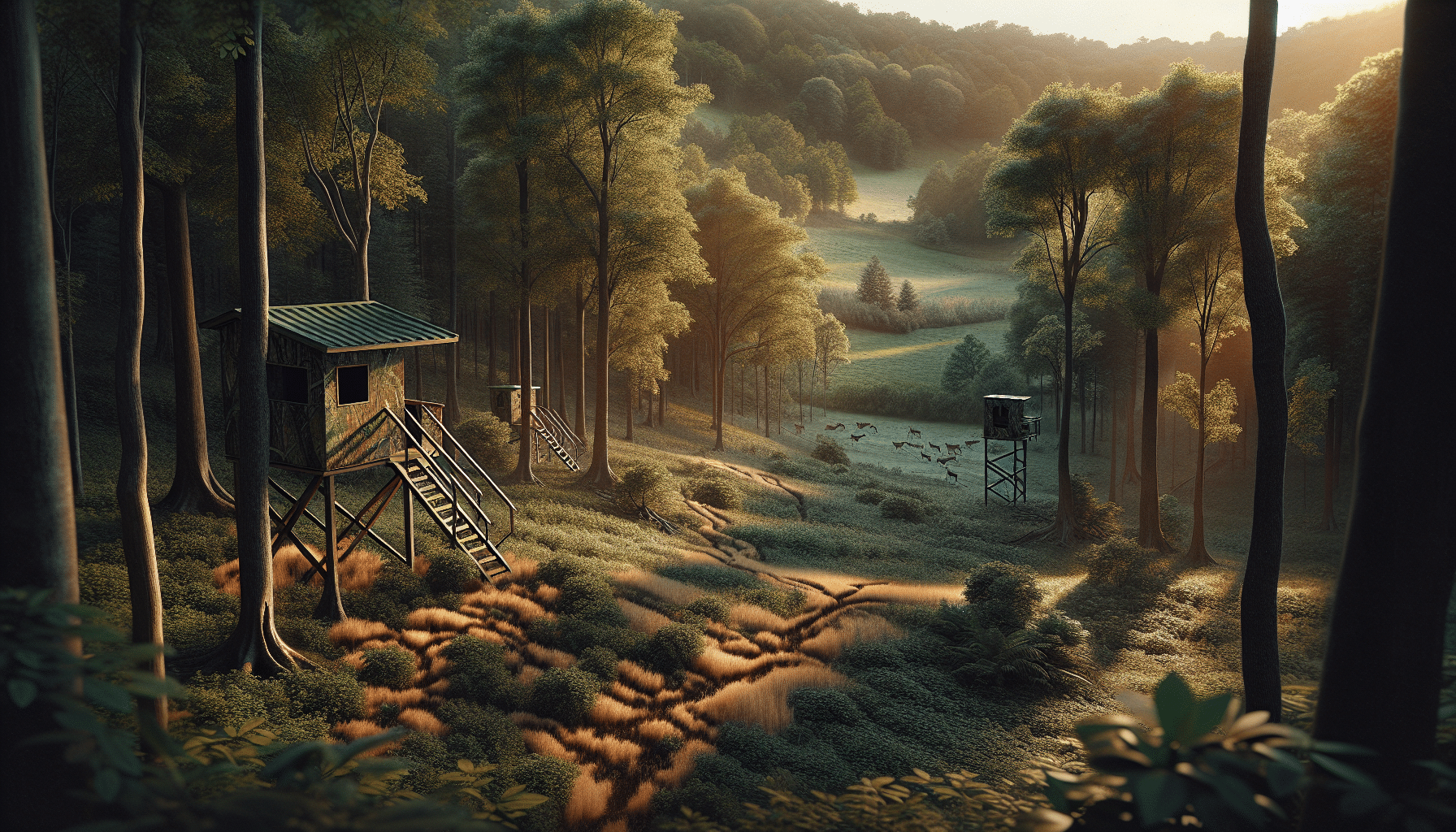 Create a hyper-realistic image of an idyllic small property during the peak of the rutting season. The landscape includes a dense forest with signs of deer activity such as tracks, rub marks on trees, and scrapes on the ground. A series of well-placed hunting blinds and stands camouflaged within the environment can be spotted. No humans or brand names are present. The scene is bathed in the soft, golden light of the early morning, adding to the serene yet anticipatory atmosphere of the location.