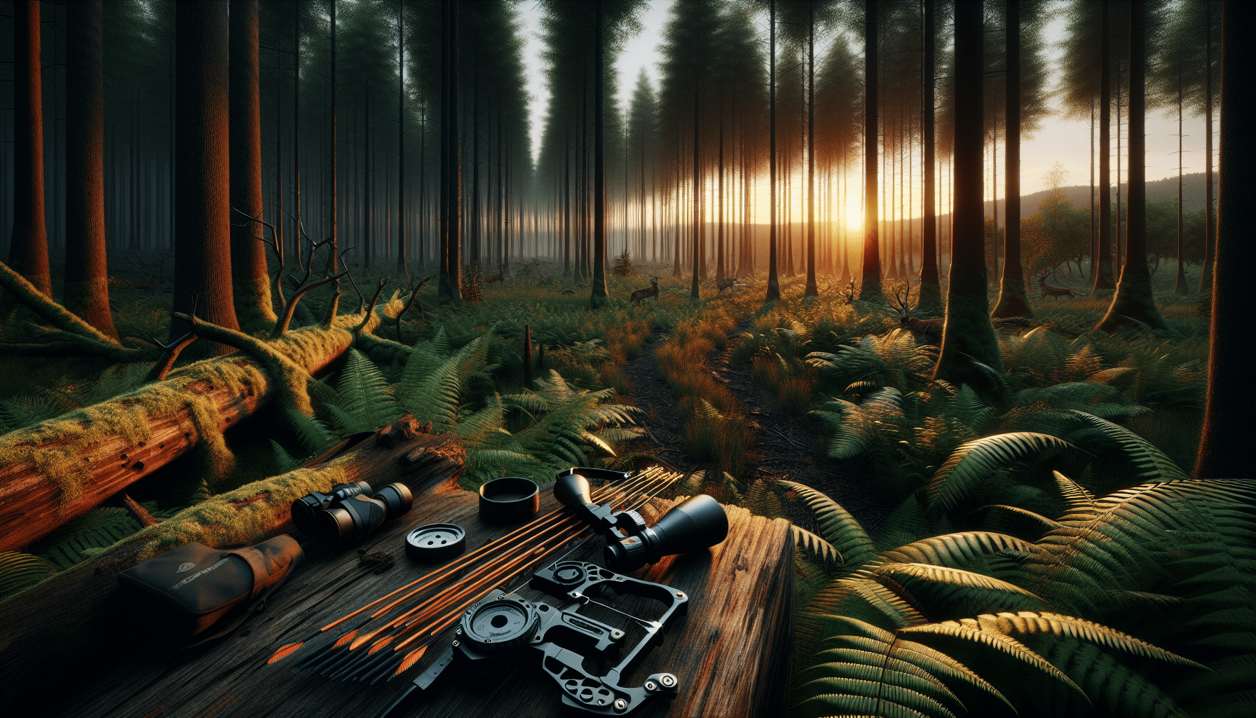 A hyper-realistic depiction of a dense forest at dusk. The sun is setting in the horizon, casting warm hues on the tops of the tall trees. The understory is dense with ferns and thick shrubs, an apt location for wildlife. Intricate detailing will show trails and traffic paths worn into the grass, suggesting the presence of deer. In the foreground, hunting tools like a bow, binoculars, and tracking devices are neatly arranged on a fallen log. The entire scene, while void of people, reflects an atmosphere of a meticulous and informed hunting setup.