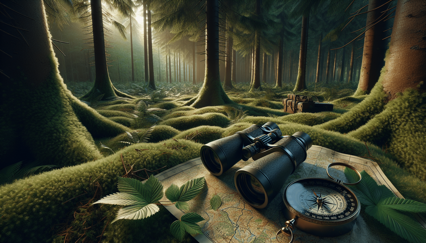 A hyper-realistic depiction of high-quality binoculars resting on a mossy forest ground. The binoculars are laying on a leaf-textured map next to a compass. The forest surrounding consists of towering pine trees, their evergreen foliage suggesting an ideal spot for deer hunting. The morning light seeping through the dense forest creates dramatic shadows. Near the binoculars, subtle signs of deer can be observed, such as softly imprinted hoof prints or nibbled foliage, amplifying the ambiance of deer hunting. No text, people, brand names, or logos are incorporated into the scene.
