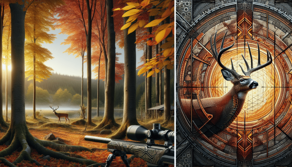 Hyperrealistic depiction of a serene forest during deer hunting season. Capture the wilderness in all its autumn glory with leaves of numerous shades from fiery oranges and yellows to deep browns. To the left, an intricate design inspired by the structure of a Diamondback snake can be seen, suggesting a high-end riflescope. An image of a crossfire pattern is intricately designed on the right side, representing a mid-range riflescope for deer hunting. Pay careful attention to detail, ensuring there are no brand names, logos, text, or people in the image.