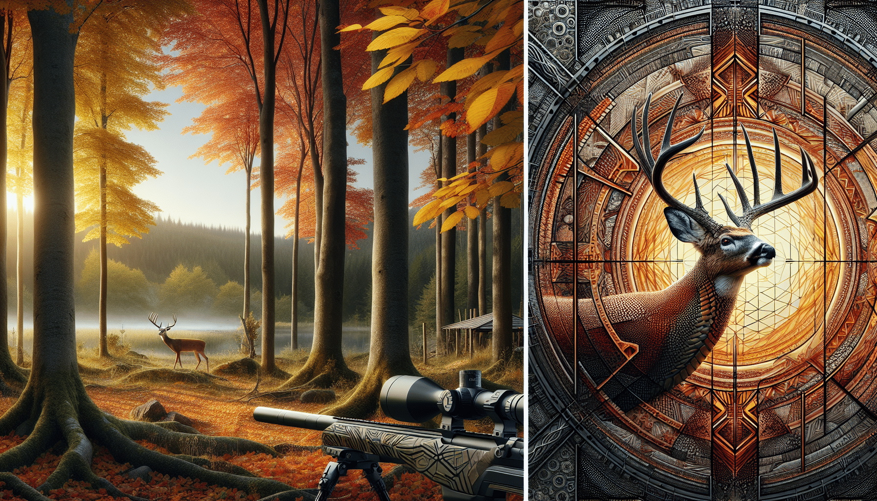 Hyperrealistic depiction of a serene forest during deer hunting season. Capture the wilderness in all its autumn glory with leaves of numerous shades from fiery oranges and yellows to deep browns. To the left, an intricate design inspired by the structure of a Diamondback snake can be seen, suggesting a high-end riflescope. An image of a crossfire pattern is intricately designed on the right side, representing a mid-range riflescope for deer hunting. Pay careful attention to detail, ensuring there are no brand names, logos, text, or people in the image.