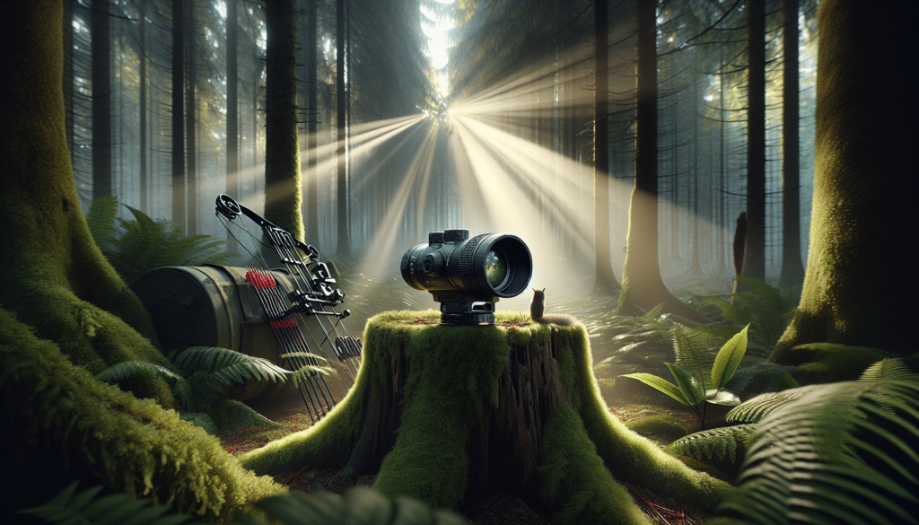 The picture should depict a hyper-realistic scene inside a dense forest, radiating an early morning atmosphere. Center-stage is a high-tech rangefinder, with cutting-edge visual optics, lying subtly atop a fresh moss-covered tree stump. The device's lens is pointed towards the forest's depth, capturing the ethereal rays of sunlight piercing through the high canopies. Dew-kissed leaves and ferns encircle the stump, while curious woodland creatures like squirrels and birds observe from the nearby branches. To its right, a compound bow is leaned against another tree trunk, whispering tales of a hunter's presence without featuring any human figures.