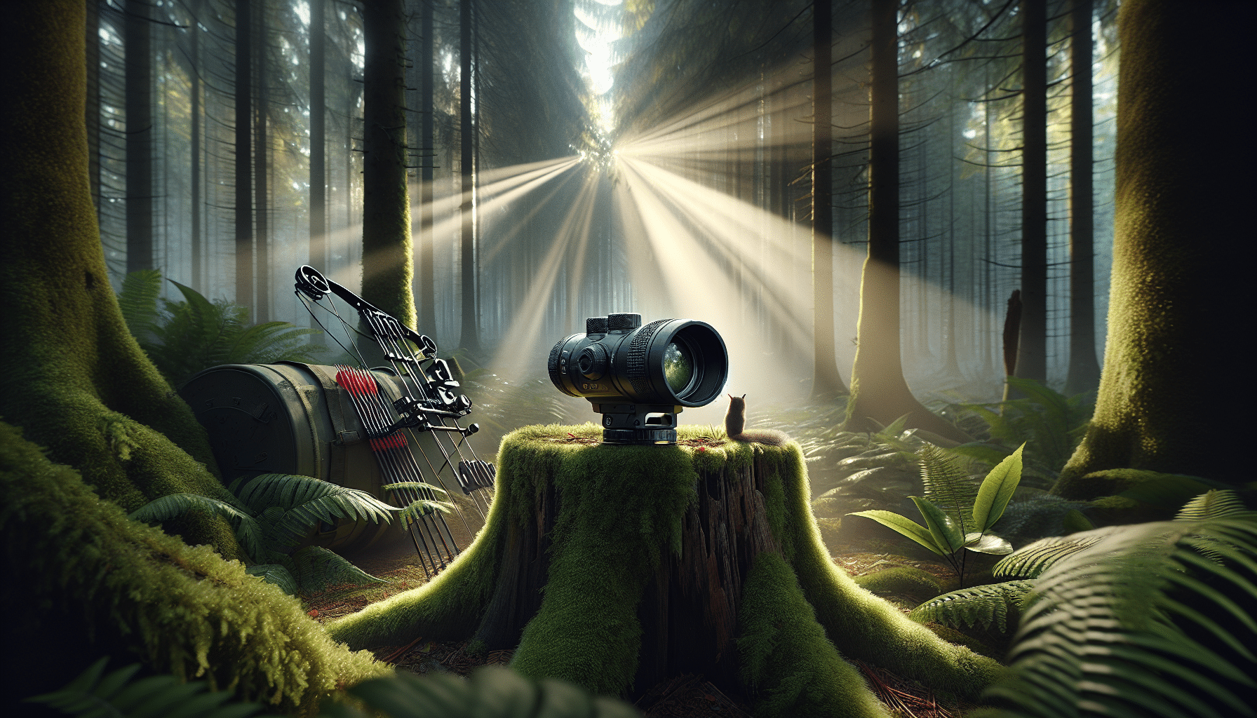 The picture should depict a hyper-realistic scene inside a dense forest, radiating an early morning atmosphere. Center-stage is a high-tech rangefinder, with cutting-edge visual optics, lying subtly atop a fresh moss-covered tree stump. The device's lens is pointed towards the forest's depth, capturing the ethereal rays of sunlight piercing through the high canopies. Dew-kissed leaves and ferns encircle the stump, while curious woodland creatures like squirrels and birds observe from the nearby branches. To its right, a compound bow is leaned against another tree trunk, whispering tales of a hunter's presence without featuring any human figures.