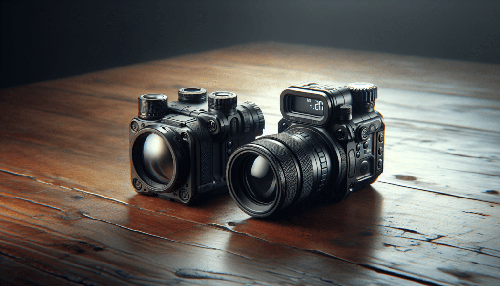 A hyper-realistic image depicting two high-quality rangefinders side by side for comparison. The one on the left is innovative and rugged as well as waterproof, embodying a classic industrial design. Its lens is black with sleek edges and a handheld grip, has a digital display and its controls are visible at the top. The rangefinder on the right side is depicted in a more modern design, with an aluminum finish, a crisp glass lens and a compact arrangement of control buttons. They sit on a polished wooden table under diffused, natural lighting, allowing the details and differences between them to shine