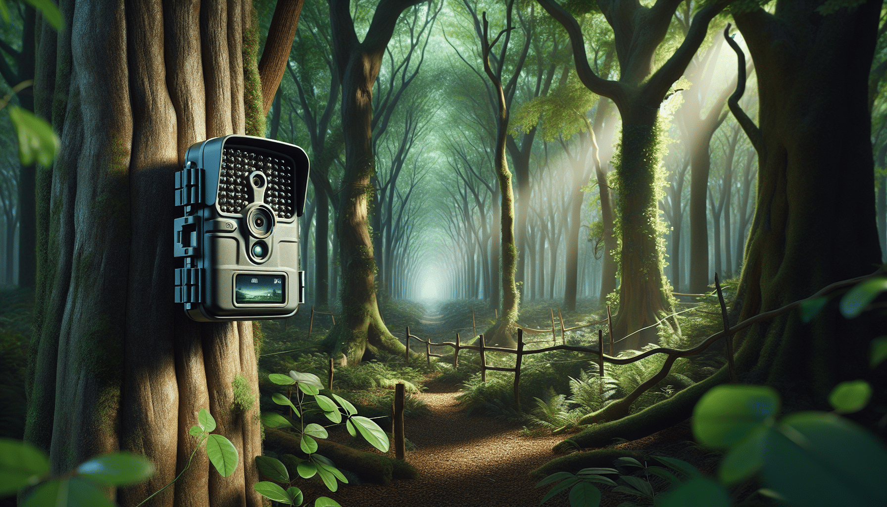 A hyper-realistic illustration of a woodland scene, silent and untouched by human presence. In the heart of the scene, a cellular trail camera is attached to a thick-trunked oak tree, capturing its surroundings. Light filters through the leafy canopy of the forest casting dappled patterns on the forest floor. On close visual inspection, one can notice that the camera's small screen is lit, suggesting it is active, but there is an evident lack of a signal bar, demonstrating the lack of connection or some other issue preventing it from sending pictures. The peaceful yet anxiety-provoking image doesn't contain any text, brands, logos or people.