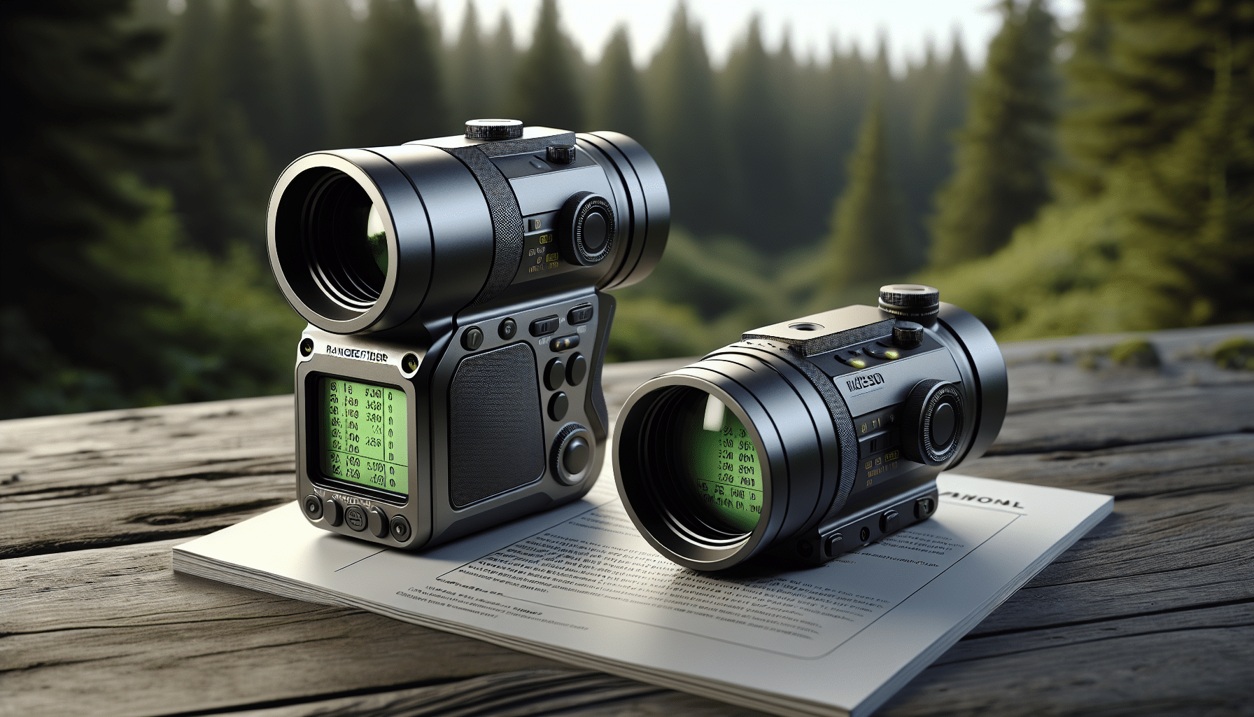 A hyper-realistic image featuring two unbranded rangefinders placed side by side for comparison. The rangefinder on the left is robust, metallic and compact with a conical front lens. It should have a digital LED display visible through the rear piece showing various measurements including distance. The right rangefinder is sleeker and modern, made from graphite material with a monocular design and dasymmetric buttons on top. It should also have visible numbers through the viewfinder. While they are side by side, they are placed on a user manual, but without any visible text or brand names. The overall scene is along a backdrop of a dense forest, indicating their primary usage for hunting or outdoor activities.