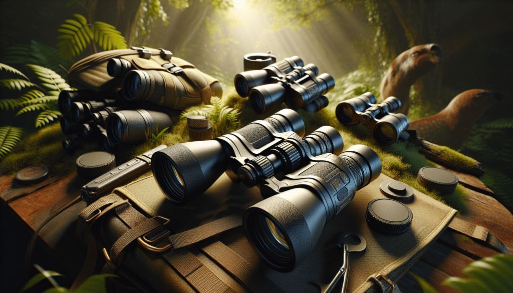 Create a hyper-realistic image showcasing a range of budget-friendly hunting binoculars arranged in various ways to indicate their quality and utility. These binoculars should look sturdy and well-made, despite their affordable price, suitable for rugged outdoor use. The binoculars should exhibit features like adjustable focus wheels, ergonomic grips, and compact size for easy transportation. The scene should be set in a classic hunting environment, think verdant woods or thick foliage, to imply their use-case, but, remember, without any human presence within the scene. Please make sure no text, brand names, logos, or people are included.