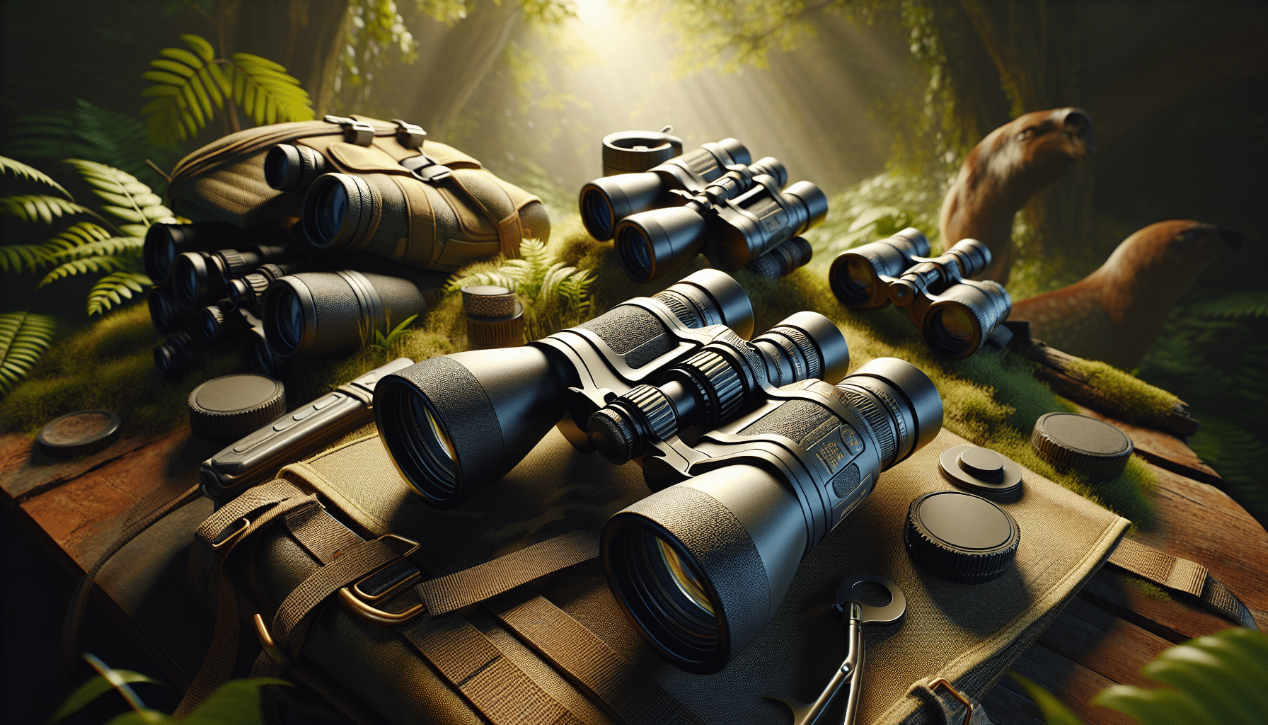 Create a hyper-realistic image showcasing a range of budget-friendly hunting binoculars arranged in various ways to indicate their quality and utility. These binoculars should look sturdy and well-made, despite their affordable price, suitable for rugged outdoor use. The binoculars should exhibit features like adjustable focus wheels, ergonomic grips, and compact size for easy transportation. The scene should be set in a classic hunting environment, think verdant woods or thick foliage, to imply their use-case, but, remember, without any human presence within the scene. Please make sure no text, brand names, logos, or people are included.