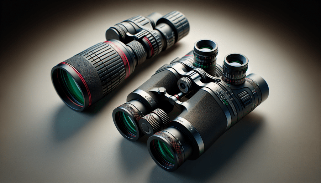 A hyper-realistic image showing two high-quality binoculars side by side for comparison. On the left side is a sleek binocular with advanced features, represented by distinctive red stripe detail on its knobs. On the right side is another robust binocular, uniquely identified with wide-focus knobs and green rim on lenses. Both are displayed in a neutral background to highlight their individual features and build. The image does not include people, text, brand names or logos.