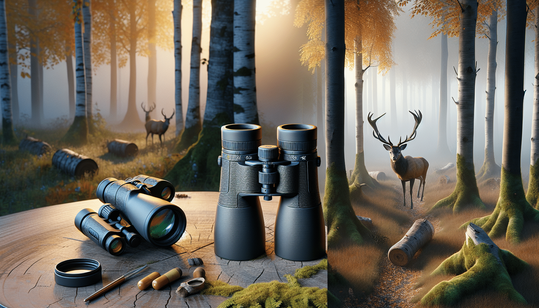 A hyper-realistic image showcasing two different types of binoculars placed side by side. On the left, the 10x42 binoculars, characterized by a larger lens diameter for better low light performance, and on the right the 8x42 binoculars, considered to be more evergreen and beginner-friendly. Both should be highlighted against a backdrop of an early morning autumnal forest with signs of deer activity- a cluster of deer tracks, deer rubs on tree trunks, etc., to signify their use in deer hunting. The binoculars should display an absence of brandings or logos, and there should be no people in the scene.