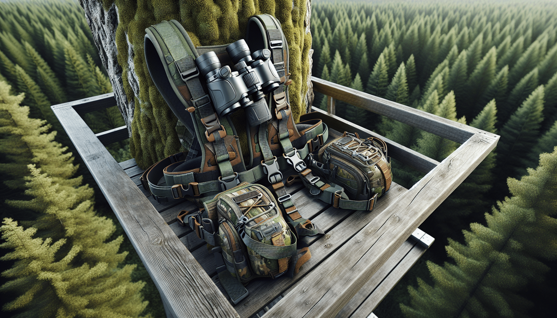 An ultra-realistic, hyper-detailed image of top-quality binocular harnesses lying atop an empty tree stand, located in a lush green forest. The harnesses' design should be modern and sleek, with adjustable straps and cushioning for comfort, and comprised of durable, camouflaged fabric to blend with nature. Various types of binocular harnesses should be accurately displayed, showcasing diversity in design and functionality. The tree stand offers an elevated view of the dense forest, evoking the experience of hunting. The image should not contain human figures, brand names, or text of any kind.