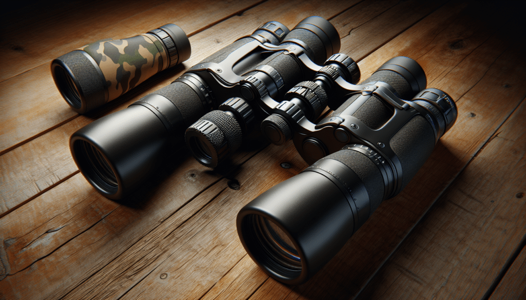 A hyper-realistic image of two sets of binoculars laying side by side on a wooden table. One set signifies sophistication and precision, with sleek black housing, adjustable focus knobs, and refined lens caps; while the other set symbolizes ruggedness and durability, featuring a camouflage pattern, rubberized grips, and dustproof lens shields. Both sets of binoculars are untainted by any branding or logos. The scene is void of human presence and is meticulously detailed, highlighting the textures of the binoculars and the grain of the wooden table.
