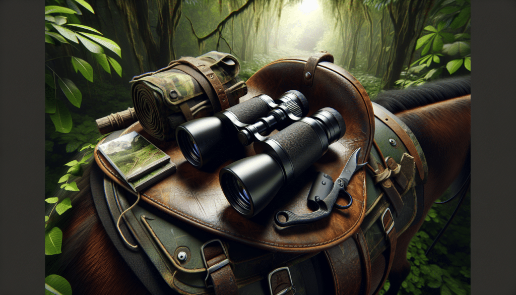 Hyper-realistic image of compact binoculars laid on a saddle with hunting gear. The binoculars have simple black casings, with a focusing wheel in the center and lens cover on both ends. The saddle is realistic, with detailed workmanship on its leather surface. It's hung on a post in a lush forest. Additional hunting gear includes a camouflaged backpack, a hunting knife in a carved sheath, a map bundled up near the saddle, and a canteen. Overhead, the branches of the forest canopy are dense, diffusing sunlight through the leaves, enhancing the atmosphere of the image.