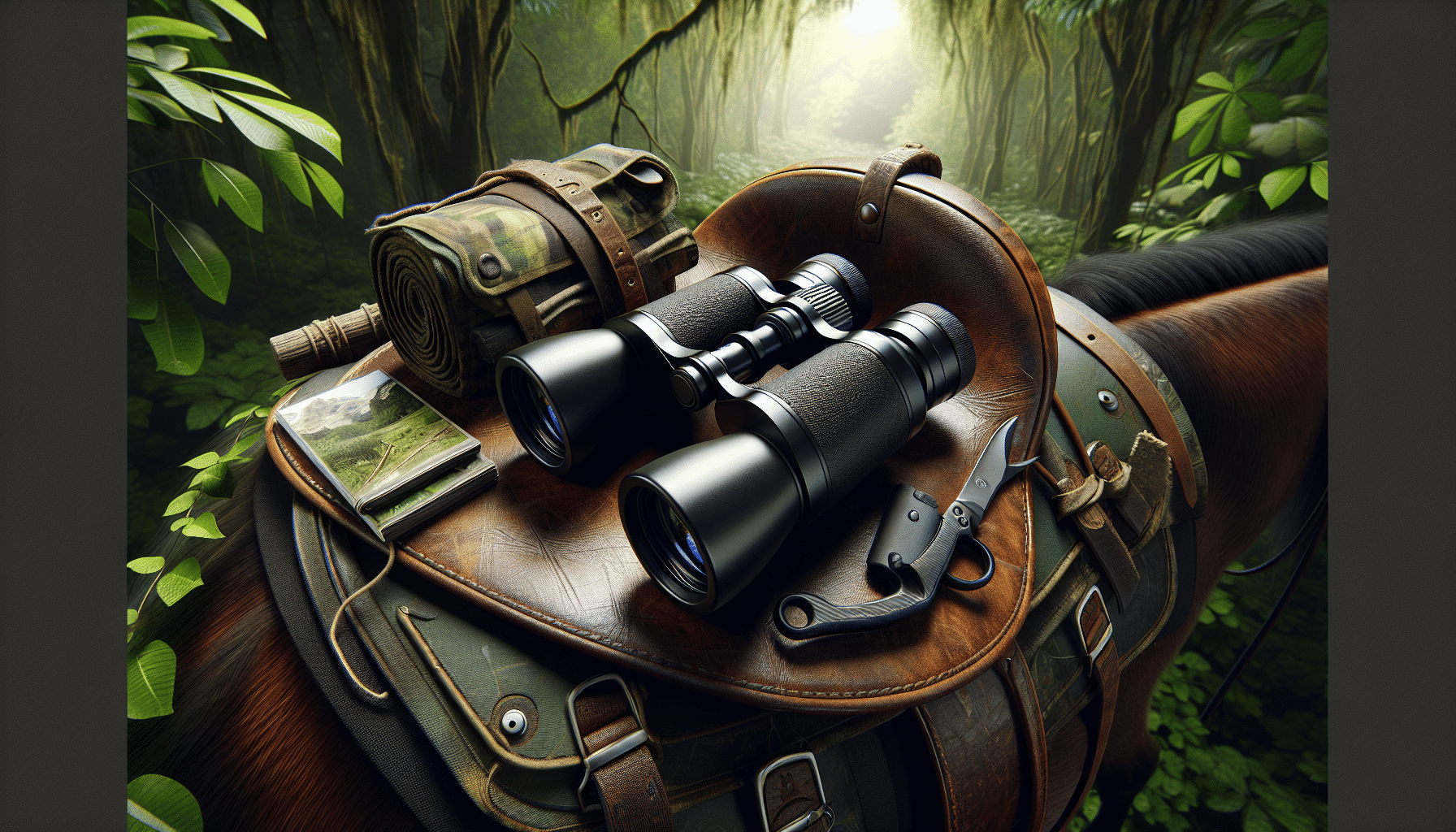 Hyper-realistic image of compact binoculars laid on a saddle with hunting gear. The binoculars have simple black casings, with a focusing wheel in the center and lens cover on both ends. The saddle is realistic, with detailed workmanship on its leather surface. It's hung on a post in a lush forest. Additional hunting gear includes a camouflaged backpack, a hunting knife in a carved sheath, a map bundled up near the saddle, and a canteen. Overhead, the branches of the forest canopy are dense, diffusing sunlight through the leaves, enhancing the atmosphere of the image.