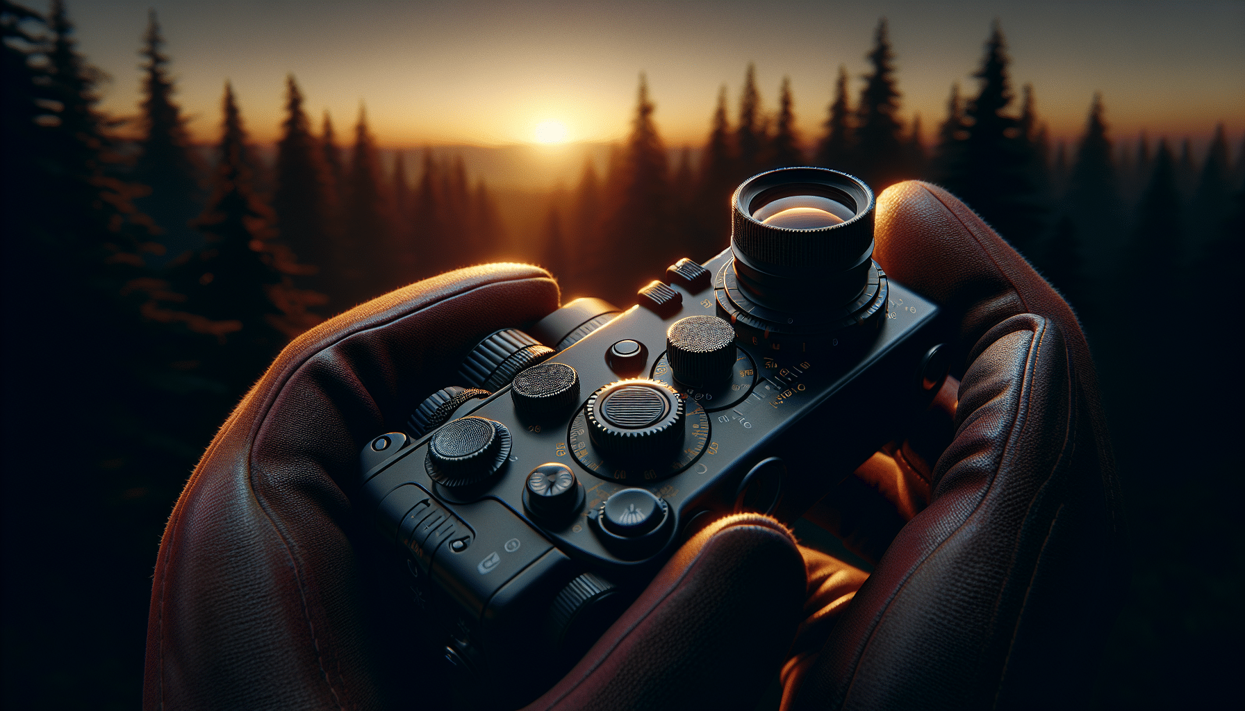 A hyper-realistic image displaying a pair of gloved hands delicately gripping a generic rangefinder, illuminated by the ambient glow of a setting sun. The foreground should mainly focus on the tool, without any identifiable brand names or logos, showcasing the specific function knobs and dials. The background fades into a dimly lit, forested landscape, evoking a sense of low-light conditions. The colors of this image should subtly transition from warm, sunset hues in the sky to deeper, cooler shades in the forest to showcase the contrast of light and dark.