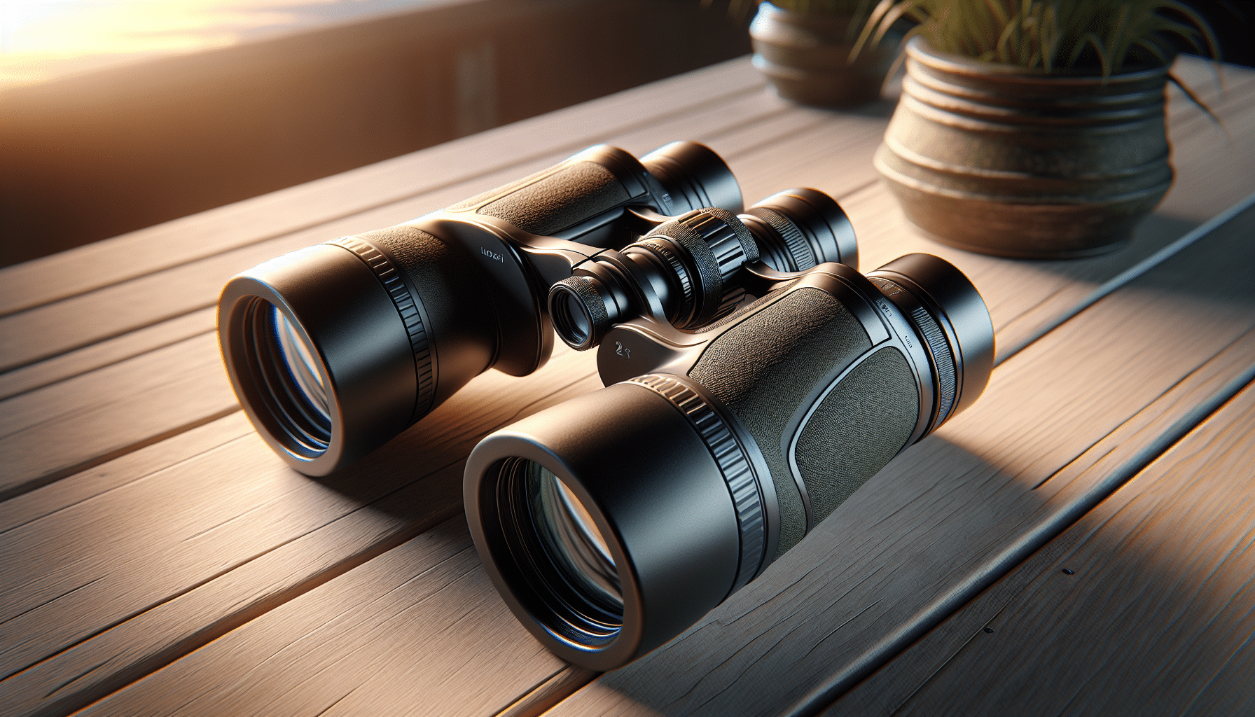 A hyper-realistic depiction of two pairs of budget binoculars next to each other, ready for comparison. Each pair of binoculars has a distinct design, suggesting different brands without explicitly showing any brand names. The binoculars on the left are compact and black, with a sleek, modern feel. They have a little shine on them, reflecting a hint of ambient light. On the right, the binoculars are slightly larger and rugged with a matte olive-green finish. Both are situated on a light wooden table that adds contrast. The background is blurred, enhancing the look and feel of the binoculars, which are the crucial elements of the composition.
