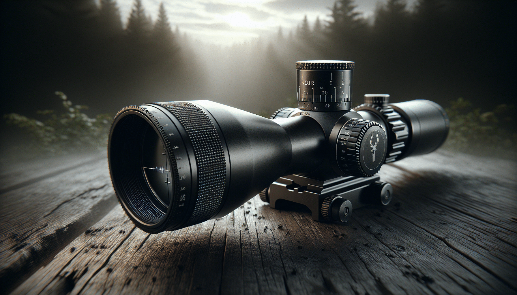 A magnificently detailed and hyper-realistic image of an isolated rifle scope. The scope has a sleek, matte black finish and intricate detailing showcasing its quality and precision. It's designed for deer hunting, noticeable through features like high magnification and clarity, with a reticle designed for quick target acquisition. The scope is shown in an outdoor setting, perhaps a forest with the misty morning light streaming through the trees, however, no animals or people are present to keep the focus solely on the scope. The design avoids any branding or logos to keep focus on the utility and design of the scope.