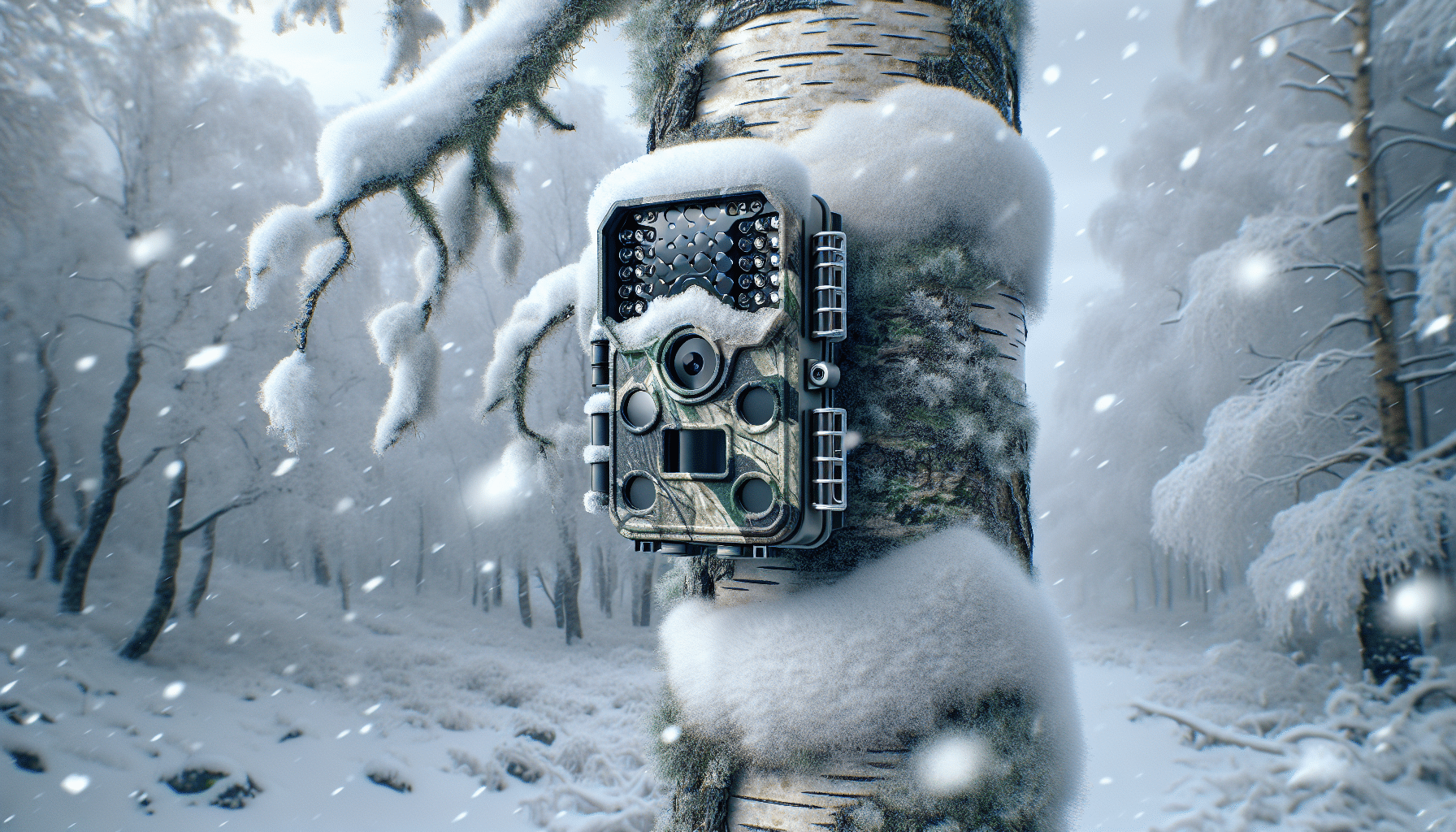 A hyper-realistic representation of a trail camera, made for harsh, below-zero weather conditions. The camera is attached to a tree enveloped in snow, within a serene and frosty woodland landscape. Falling snowflakes can be seen, gently falling from the gray, overcast sky. The camera, robust and rugged, is designed to blend in with the environment, camouflage patterning on its body. It's evident that the camera has high-grade lenses for capturing clear, sharp images despite the chilly, low-light conditions which are typical of such a cold setting. Understandably, no people and brands are depicted in this image.