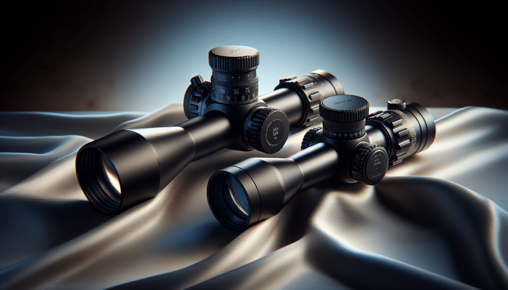 A hyper-realistic, high-resolution image comparison of two generic rifle scopes, free of text and brand names. On the left, depict a scope characterized by a 30 mm central tube, a matte black finish, and detailed turrets for precision control. On the right, exhibit a scope with a distinguished 40 mm objective lens, noted for letting in ample light, and uniquely shaped adjustment knobs. Both are placed on soft silk fabric, producing a mirror-like reflection. The background is a deep, gradient blue, gradually transitioning into black, complementing the metallic textures of the scopes.