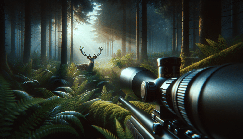 Generate a hyper-realistic image of a lush woodland scene in the twilight hours. The focus is on a majestic deer partially obscured by dense foliage, conveying a sense of mystery and wilderness. In the foreground, a high-powered rifle scope without any brand indication is partially visible, hinting towards the context of hunting. It should be clear that the scope is of a high magnification, ideal for spotting deer in the woods. Ensure no brand names, logos or text present in the image. There are no humans or any human made structures like buildings in the picture.