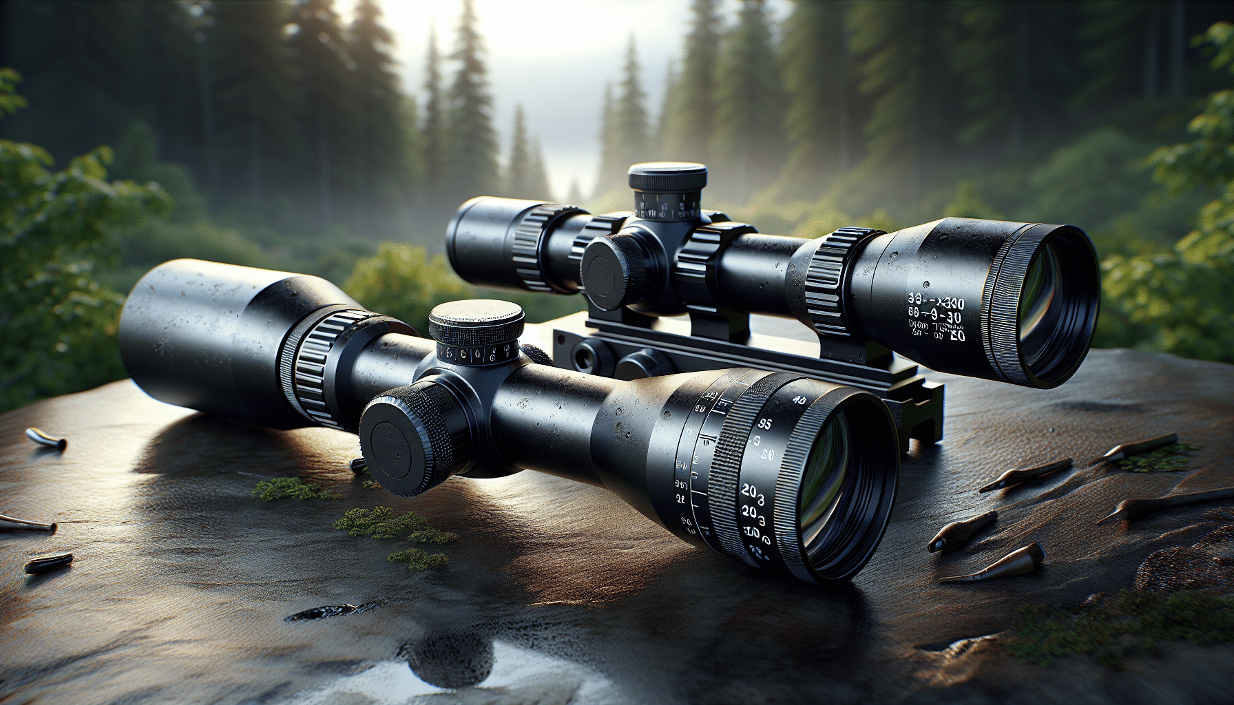 A hyper-realistic rendering of two different-sized rifle scopes side by side, meant for deer hunting. On the left, a scope with the specifications of 3-9x40, characterized by its solid structure and sleek design. On the right, a scope with the specifications of 4-12x40, boasting a slightly larger structure and increased power. Both scopes are displayed with a serene forest background suggestive of a hunting environment. Include fine details like reflection on lenses, texture on dials, and nuanced difference between the two models. No people, text, brand names, or logos are to be included in the image.