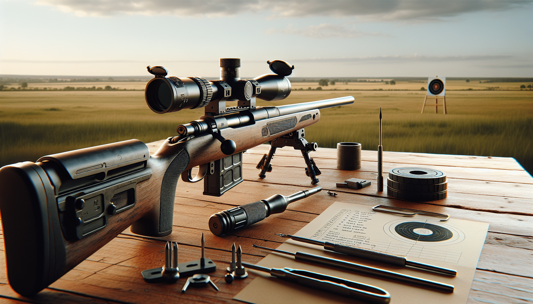 A highly detailed, photo-realistic image of a rifle with an attached scope. The rifle is resting on a wooden table against the backdrop of an open field stretching up to 100 yards. The focus is on the scope, which is being adjusted using a small, non-branded screwdriver. Nearby on the table are non-branded tools and a notepad with written instructions. A bullseye target is visible in the field at a distance of 100 yards. There are no visible text, logos, or people in the image.