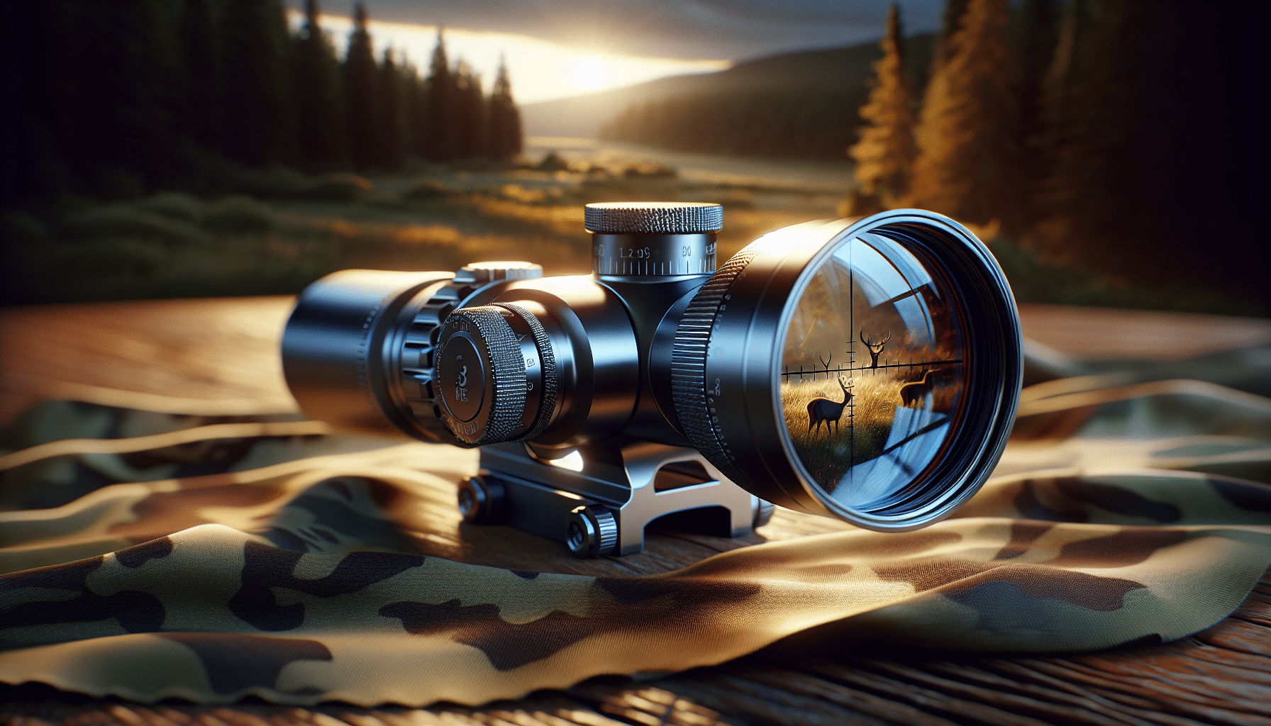 An exquisitely detailed hyper-realistic illustration of an illuminated reticle scope, specially designed to use while hunting deer. The scope should be shown in a mid to high range model, designed for precision aiming. It lays on a wooden table with a camouflage cloth. The backdrop is a peaceful forest scene during dusk. Natural sunlight hits the scope, producing soft reflections. The dusk forest scene is refracted subtly in the metallic parts of the scope indicating its high-quality finish. Do not include any people, brand names, or logos. Make the image as realistic as possible.