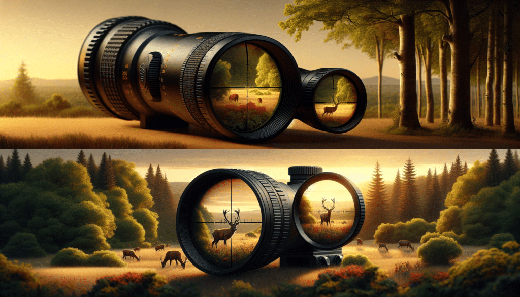 An image displaying a highly detailed, realistic scene of a serene woodland setting during the golden hour just before sunset. Two deer are calmly grazing in an open clearing flanked by rows of varied trees and dense foliage. To represent the implied comparison between two scopes, start by visualizing two adjacent structures: on the left, a hand-illustrated classic monocular, and on the right, a modern, more technologically advanced rifle scope. Both structures are hollow, allowing the viewer to see the natural landscape through them, capturing the depth and range of the scopes. To emphasize the scopes' utility for deer spotting, show two distinct views of the deer inside each scope's field of view - the left one magnifying a close-up view showing the fur detail and the right showing a wider, landscape-focused view.