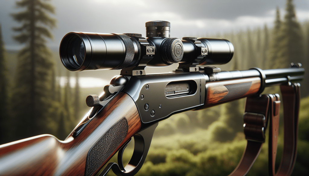 Detailed and hyper-realistic image of a lever action 30-30 rifle outfitted with a top-tier scope. The scope is sleek and modern, with a matte black finish, subtlety blending with the rustic charm of the lever action rifle. The rifle itself is a classic design, crafted from polished wood and metallic details, gleaming under an ambient light. No visible text or brand logos are present in the image. The background is a vague blur of outdoor wilderness suggesting a hunting scenario; verdant trees and undergrowth fading into the distance, emphasizing the precision and necessity of the scope for such contexts.