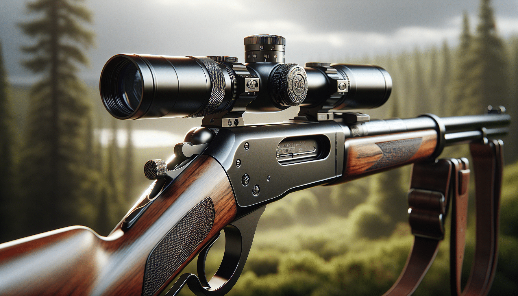 Detailed and hyper-realistic image of a lever action 30-30 rifle outfitted with a top-tier scope. The scope is sleek and modern, with a matte black finish, subtlety blending with the rustic charm of the lever action rifle. The rifle itself is a classic design, crafted from polished wood and metallic details, gleaming under an ambient light. No visible text or brand logos are present in the image. The background is a vague blur of outdoor wilderness suggesting a hunting scenario; verdant trees and undergrowth fading into the distance, emphasizing the precision and necessity of the scope for such contexts.