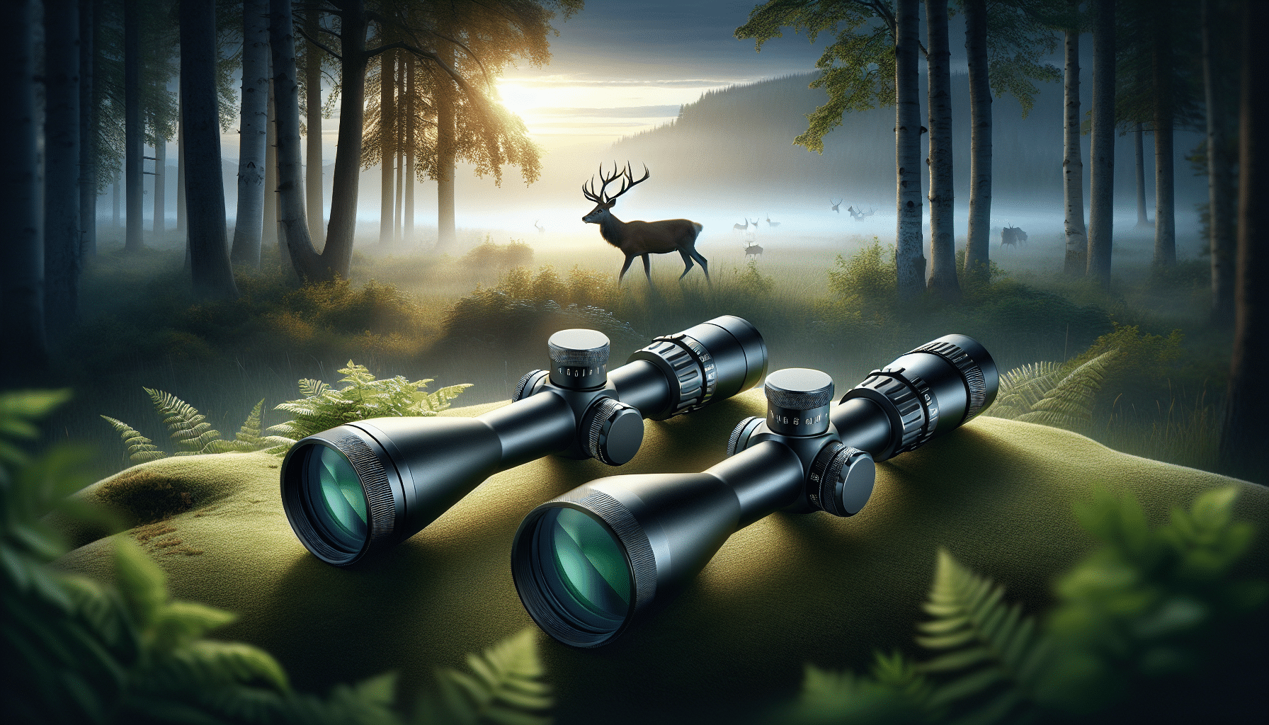 A hyper-realistic image showing two similar looking but subtly distinct rifle scopes, placed side by side on a forest backdrop. Both are high-end in appearance with the sheen of precision engineering. They're flanked by pristine nature; there's lush greenery and magnificent trees, all under a gently lit dawn sky. To the right, a silhouette of a deer trots in the distance - an elegantly antlered buck. The scopes align towards it. No people, text or explicit branding should be visible.