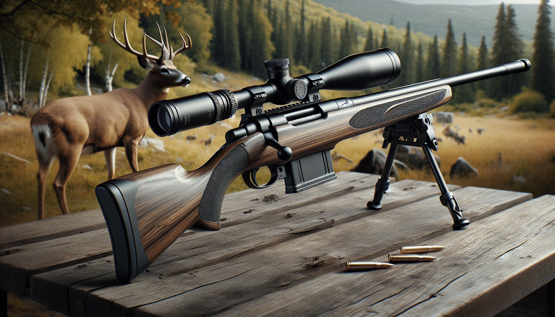 Generate an ultra-realistic image featuring a hunting rifle ideal for deer stalking. The rifle should have a sleek design, a glossy wood stock, and a powerful scope for precision targeting. To emphasize affordability, place it in an ordinary setting, say, a wooden table placed outdoors, overlooking forest terrain, where one might expect to embark on a deer hunting expedition. The rifle should be the central element, showcasing it as a practical and efficient hunting tool. Please ensure there are no people, text, or brand logos present anywhere in the image.