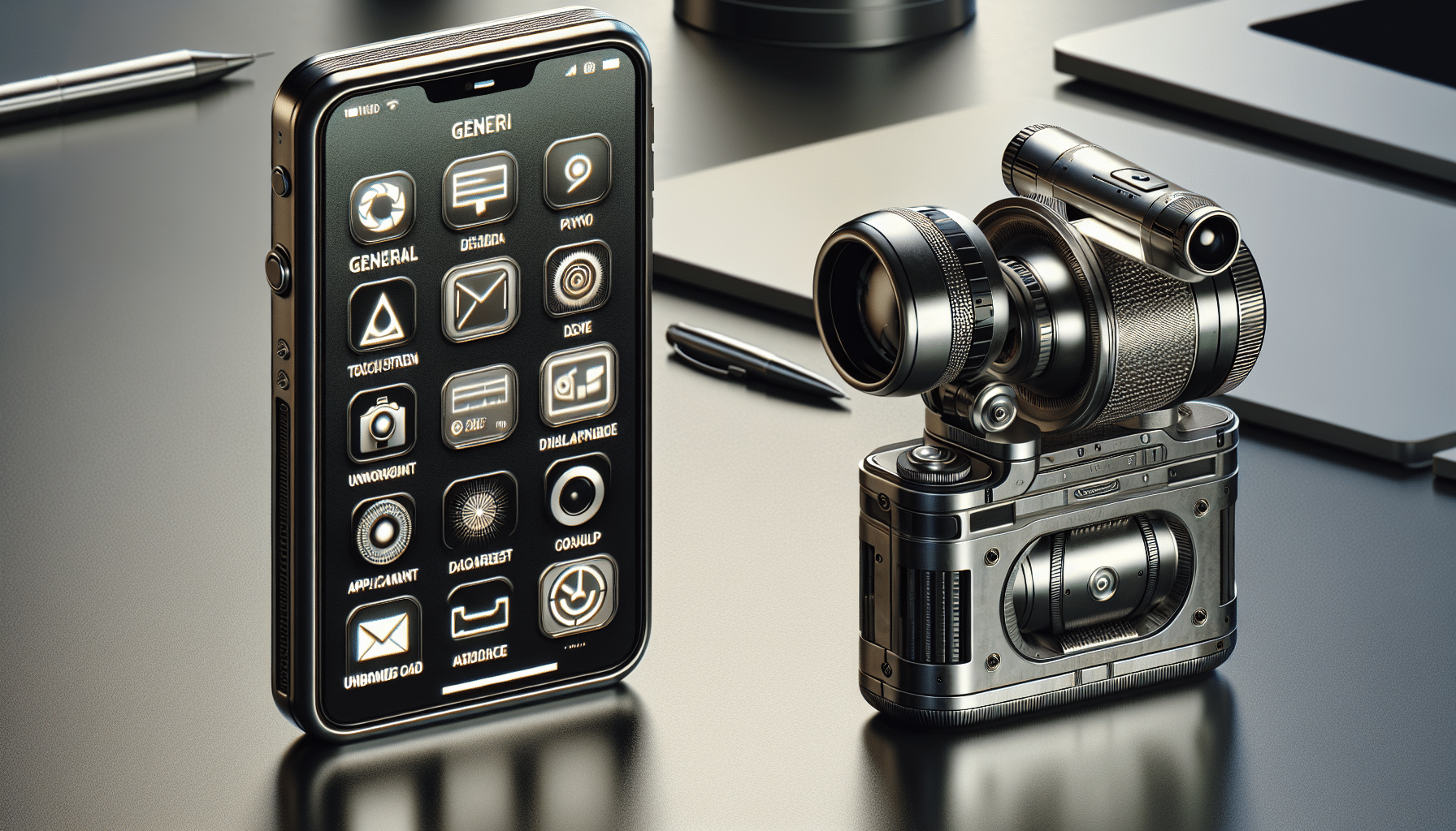 A hyper-realistic depiction of an advanced general mobile device on the left and a sophisticated spying device on the right. Both should be void of any brand names, logos, or text. The mobile gadget should include detailed applications on the touch screen interface, while the spying tool, resembling a robust gadget with a powerful micro lens, should appear ready for stealth operations. Important details include the striking metallic finish, crisp edges & smooth surfaces of these unbranded devices reflecting the ambient natural light, sitting on a neatly organized modern workspace.