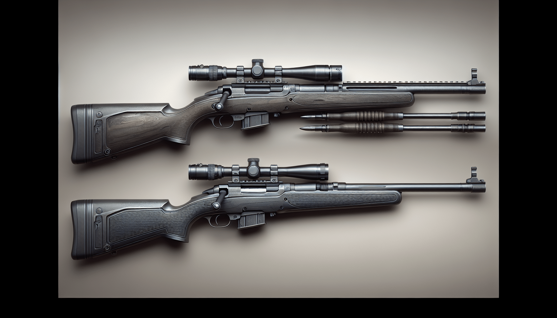 Create a hyper-realistic image featuring two unidentified bolt-action hunting rifles. The rifles should be positioned next to each other, with one on the left and the other on the right, making a visual comparison easy. The first rifle should have a darker matte finish, with a thick stock and a long slim barrel. The second rifle should have a lighter, more polished finish with a slender stock and thick barrel. They should both be displayed on a neutral background. Nothing else should be included in the image to keep the focus solely on the rifles.