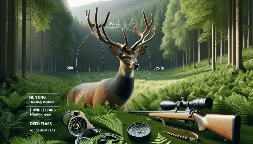 A hyper-realistic image showing the expanse of a lush forest within 200 yards. The central focus is a majestic, healthy deer that exudes majestic serenity. It's standing near the edge of the forest, eyes alert, ears tuned to the surrounding sounds. Nearby, implied hunting gear setup such as a hunting binoculars, a compass, and an unbranded high-caliber rifle catered for deer hunting is laid out. No people, text, or brand names are visible in the image.