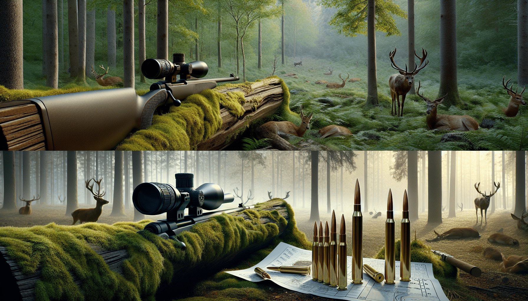 Create a hyper-realistic image that exemplifies the contrasting aspects of 270 and 308 ammunition used for deer hunting. Without a human presence, depict a dense forest setting where deer hunting is common. On the left, include the representation of a 270-caliber ammunition with a typical hunting rifle, resting atop a moss-cloaked log. On the right, introduce the 308-caliber ammunition with its associated rifle leaning on a robust oak tree. To heighten the sense of comparison, imply distinct ballistic trails from each bullet towards a distant paper target, yet without any label or brand showing. The scene should be detailed and hyper-realistic in appearance.