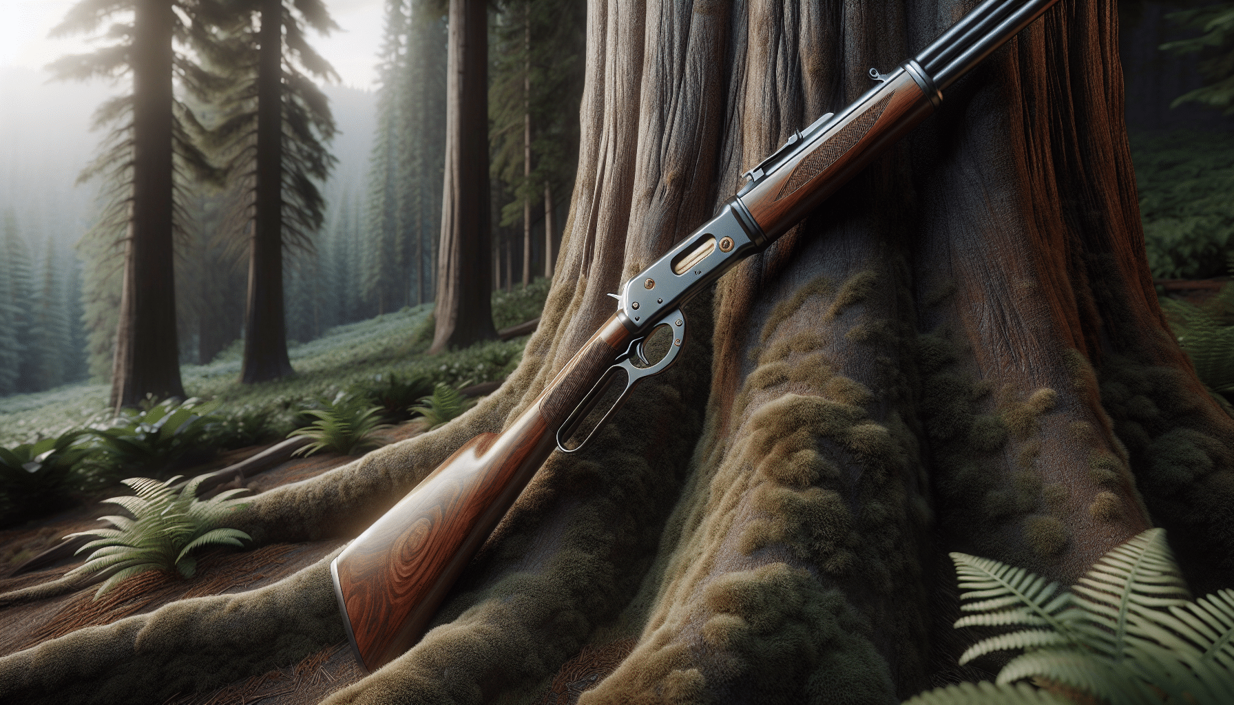 A highly detailed, hyper-realistic image of a high-quality lever-action rifle suited for hunting deer in dense forests. The gun isn't affiliated with any brand. The shapely wood stock, richly crafted from resilient, dark-stained oak showcases its robustness. Minute details, like the glint of sunlight off the polished brass lever, are captured with precision. The rifle is casually placed against the large trunk of a forest tree with thick underbrush identifiable in the background. There are no textual elements, humans, or distinguishable logos in the scene.