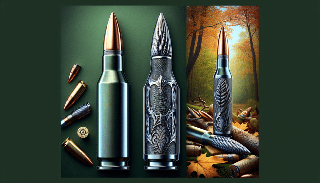 Create a hyper-realistic, highly detailed image with two main focal points. On the left, illustrate a 6.5 Creedmoor rifle ammunition with an intricate design, meticulously detailed contours, and notable shiny metallic surfaces. The bullet should be placed on a forest green background to represent the hunting setting. On the right, represent a .308 Winchester rifle cartridge with a similar level of detail as the first bullet, but vary the design subtly to differentiate the two. It should be placed on an autumn leaves background to symbolize the season of hunting. Make sure the image does not contain any text, brand names, logos or people.