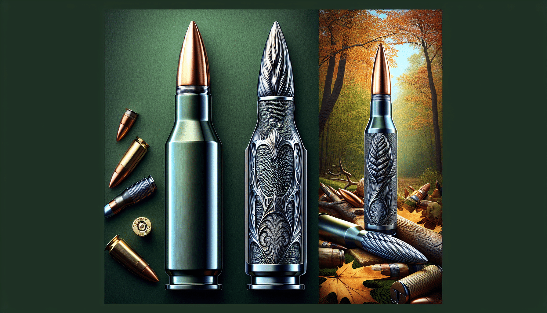 Create a hyper-realistic, highly detailed image with two main focal points. On the left, illustrate a 6.5 Creedmoor rifle ammunition with an intricate design, meticulously detailed contours, and notable shiny metallic surfaces. The bullet should be placed on a forest green background to represent the hunting setting. On the right, represent a .308 Winchester rifle cartridge with a similar level of detail as the first bullet, but vary the design subtly to differentiate the two. It should be placed on an autumn leaves background to symbolize the season of hunting. Make sure the image does not contain any text, brand names, logos or people.