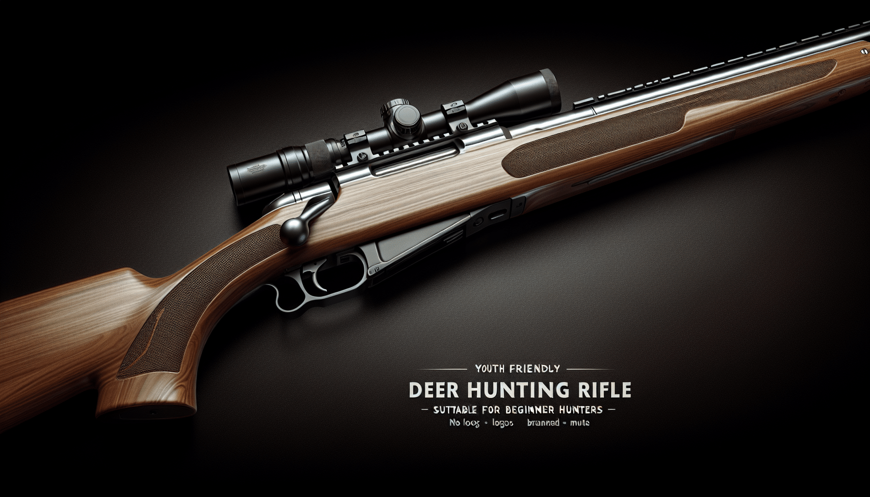 Generate a hyperrealistic image of a youth-friendly deer hunting rifle, suitable for beginner hunters. The rifle should come across as an effective yet gentle tool for hunting, with a strong but sleek design that belies its controlled sound output. It should have the looks of being sturdy, easy to handle with smaller hands, but neutral in branded identifiers. It should not feature a too-shiny barrel reflecting harsh sunlight or a too-cheap matte finish, but instead a well-crafted balance of functionality and understated elegance. No text, logos, brands, or people should be included in the image.