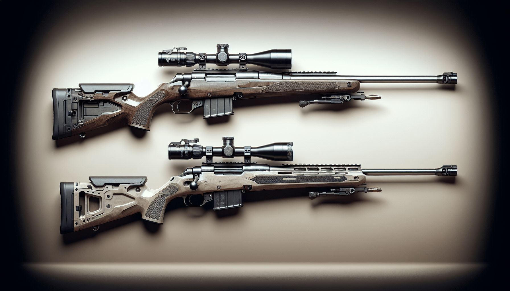 A hyper-realistic, detailed image of two non-branded hunting rifles, side by side, presented for comparison. The one on the left is similar to a Browning X Bolt, featuring a short action bolt, a low-luster finish, detachable rotary magazine, and a barrel free of sights. The one on the right is similar to a Tikka T3X, it has a synthetic stock, a stainless steel barrel, two-stage safety, and is also devoid of sights. There are no humans or text of any kind within the image. The background of the image is a neutral, subtle gradient.