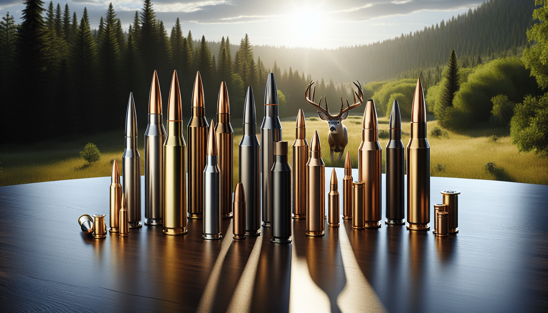 A hyper-realistic image showcasing a selection of different straight wall cartridges displayed attractively. Each cartridge is distinctly unique, emphasizing the different sizes, shapes, and design features. They are organized in a systematic way, perhaps on a sleek wooden table or a smooth, dark stone surface. The setting is in the sunlit outdoors of Ohio, with lush green forests in the background, a rich blue sky above, and a majestic deer wandering in the distance, its antlers glistening in the sunlight. All visual elements are devoid of any text, logos or brand identifiers.