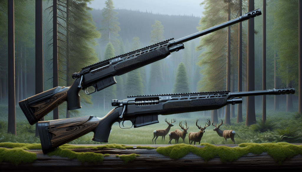 Two hunting rifles side by side, one sleek and black with a long slim barrel, the other more robust.