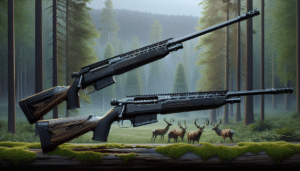 Two hunting rifles side by side, one sleek and black with a long slim barrel, the other more robust.